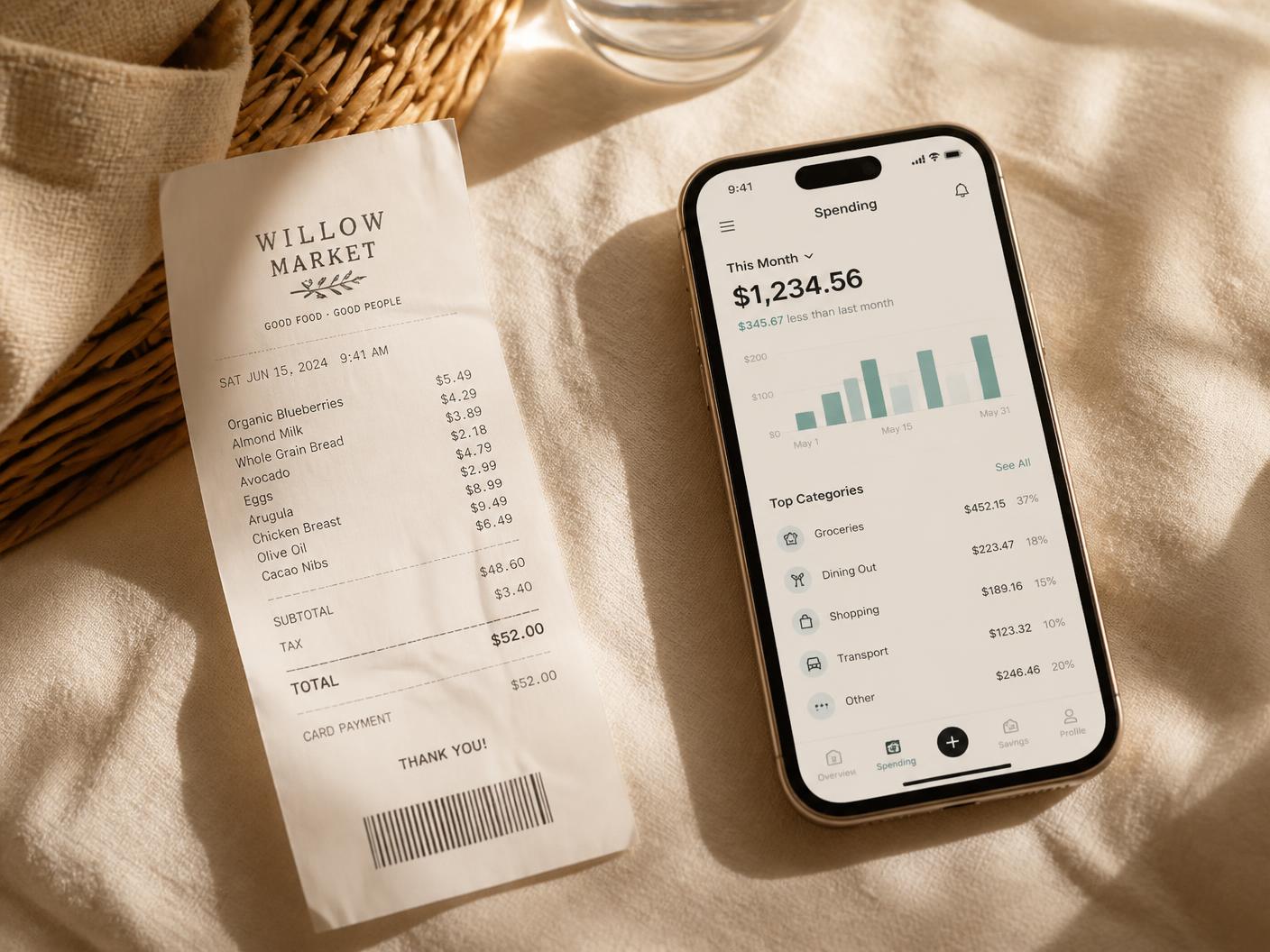 A paper receipt beside a phone showing the Finandaily spending summary